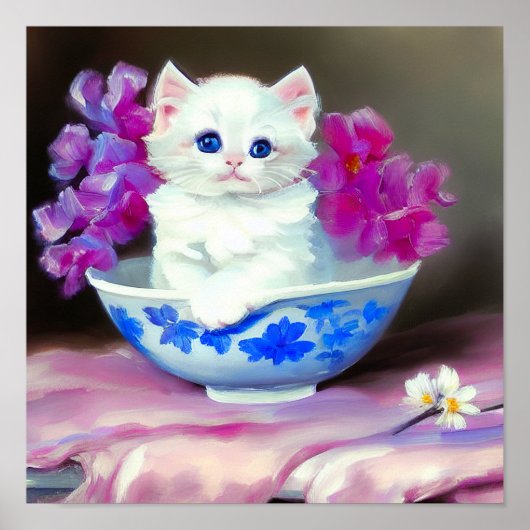 ヴィンテージ白い子猫とピンクの花 ポスター (正面)