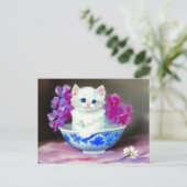 ヴィンテージ白い子猫とピンクの花 ポストカード (スタンド正面)