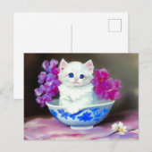 ヴィンテージ白い子猫とピンクの花 ポストカード (正面/裏面)