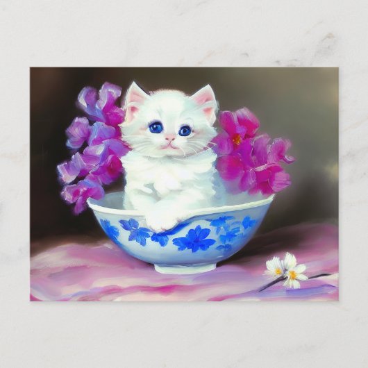 ヴィンテージ白い子猫とピンクの花 ポストカード (正面)