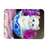 ヴィンテージ白い子猫とピンクの花 マグネット (横)