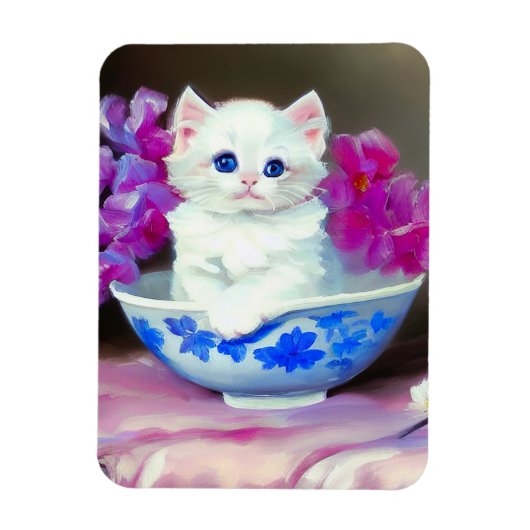 ヴィンテージ白い子猫とピンクの花 マグネット (縦)