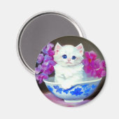 ヴィンテージ白い子猫とピンクの花 マグネット (正面/裏面)