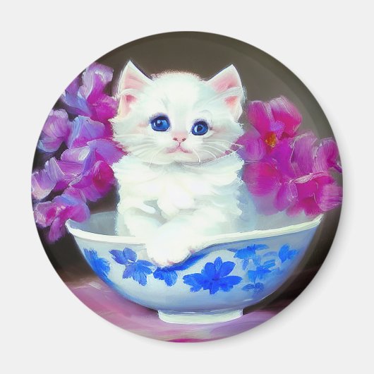 ヴィンテージ白い子猫とピンクの花 マグネット (正面)