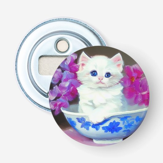 ヴィンテージ白い子猫とピンクの花 栓抜き (正面)