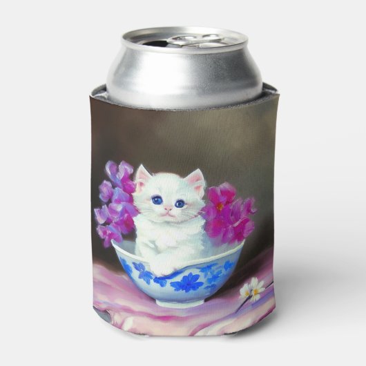 ヴィンテージ白い子猫とピンクの花 缶クーラー (缶正面)