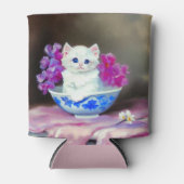 ヴィンテージ白い子猫とピンクの花 缶クーラー (正面)