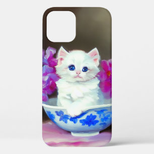 ヴィンテージ白い子猫とピンクの花 iPhone 12ケース