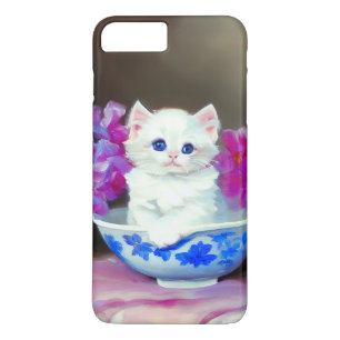 ヴィンテージ白い子猫とピンクの花 iPhone 8 PLUS/7 PLUSケース