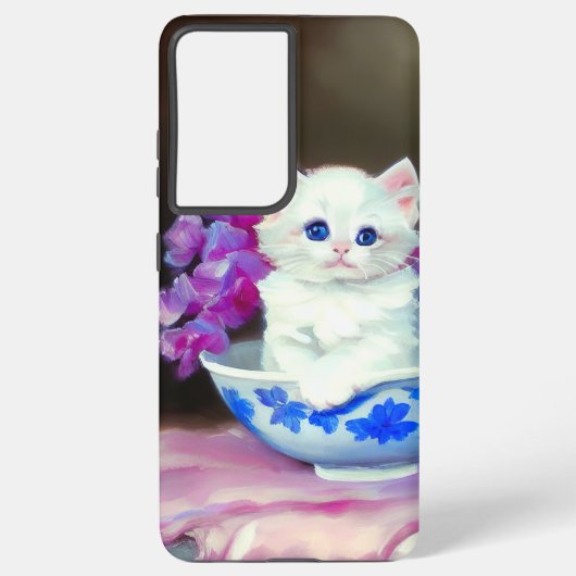 ヴィンテージ白い子猫とピンクの花 SAMSUNG GALAXYケース (裏面)