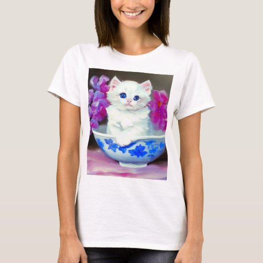 ヴィンテージ白い子猫とピンクの花 Tシャツ (正面)