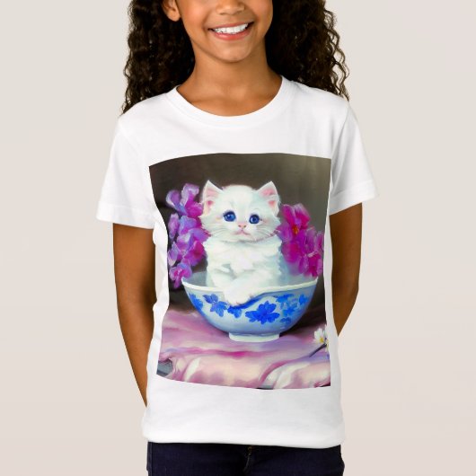ヴィンテージ白い子猫とピンクの花 Tシャツ (正面)