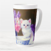 ヴィンテージ白い子猫と紫リボン カフェラテマグ (右アングル)