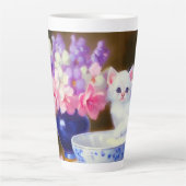 ヴィンテージ白い子猫と紫リボン カフェラテマグ (正面)