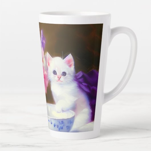 ヴィンテージ白い子猫と紫リボン カフェラテマグ (右)