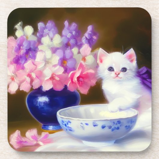 ヴィンテージ白い子猫と紫リボン コースター (正面)
