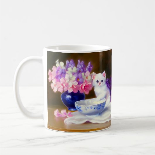 ヴィンテージ白い子猫と紫リボン コーヒーマグカップ (左)
