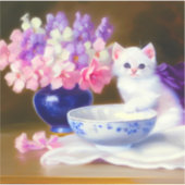 ヴィンテージ白い子猫と紫リボン シール (正面)