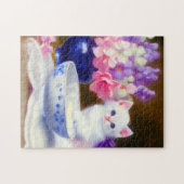 ヴィンテージ白い子猫と紫リボン ジグソーパズル (横)