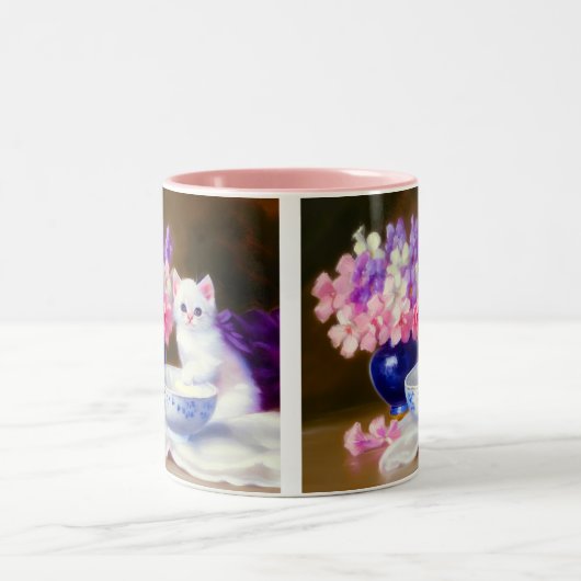 ヴィンテージ白い子猫と紫リボン ツートーンマグカップ (中央)