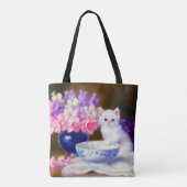 ヴィンテージ白い子猫と紫リボン トートバッグ (裏面)