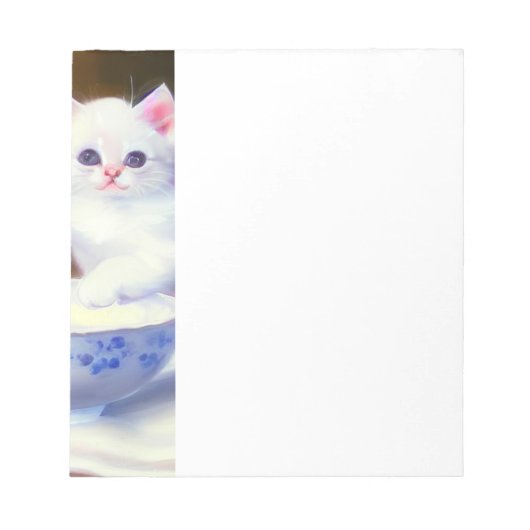 ヴィンテージ白い子猫と紫リボン ノートパッド (正面)