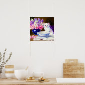 ヴィンテージ白い子猫と紫リボン ポスター (キッチン)