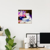 ヴィンテージ白い子猫と紫リボン ポスター (ホームオフィス)