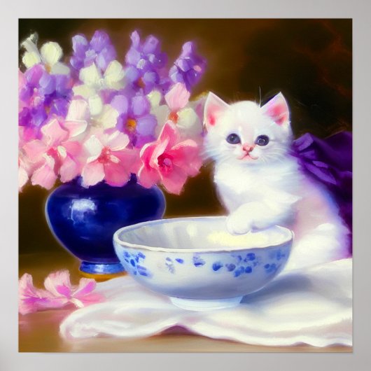 ヴィンテージ白い子猫と紫リボン ポスター (正面)