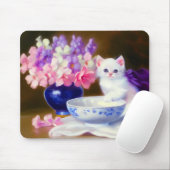 ヴィンテージ白い子猫と紫リボン マウスパッド (マウス)