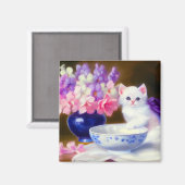 ヴィンテージ白い子猫と紫リボン マグネット (正面/裏面)