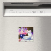 ヴィンテージ白い子猫と紫リボン マグネット (インサイチュ (食洗機))