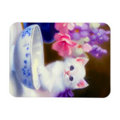 ヴィンテージ白い子猫と紫リボン マグネット (横)