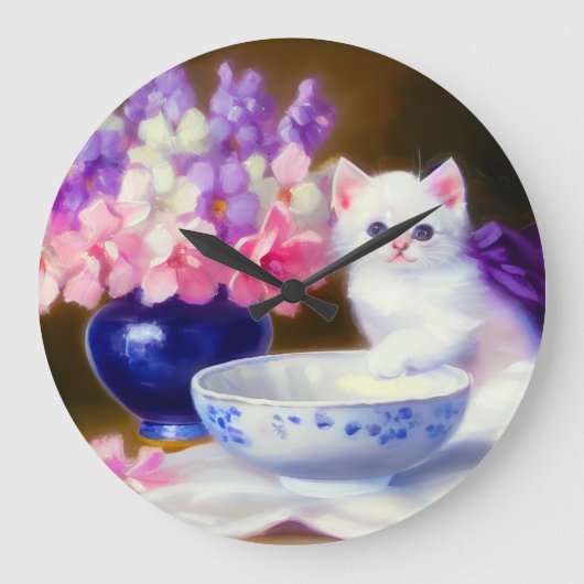 ヴィンテージ白い子猫と紫リボン ラージ壁時計 (正面)