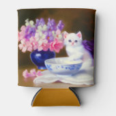 ヴィンテージ白い子猫と紫リボン 缶クーラー (正面)