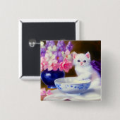 ヴィンテージ白い子猫と紫リボン 缶バッジ (正面&裏面)