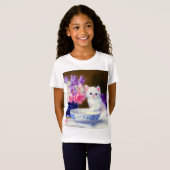 ヴィンテージ白い子猫と紫リボン Tシャツ (正面フル)