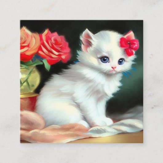 ヴィンテージ白い子猫イラストレーションと赤い花 エンクロージャーカード (正面)