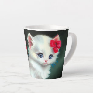 ヴィンテージ白い子猫イラストレーションと赤い花 カフェラテマグ