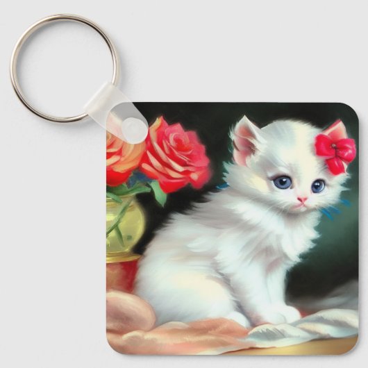 ヴィンテージ白い子猫イラストレーションと赤い花 キーホルダー (正面)