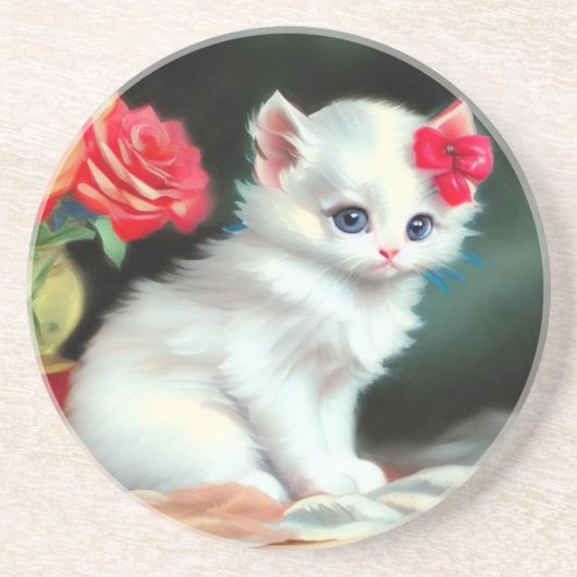 ヴィンテージ白い子猫イラストレーションと赤い花 コースター (正面)