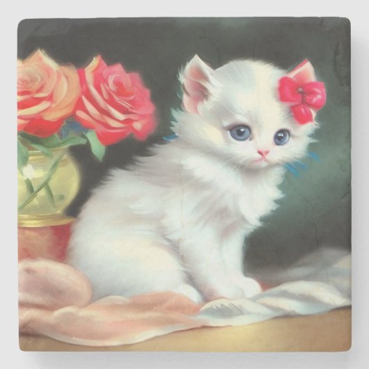 ヴィンテージ白い子猫イラストレーションと赤い花 ストーンコースター (正面)