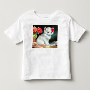 ヴィンテージ白い子猫イラストレーションと赤い花 トドラーTシャツ