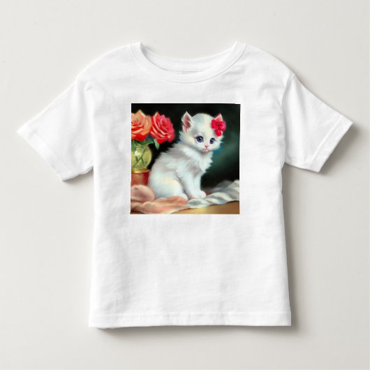 ヴィンテージ白い子猫イラストレーションと赤い花 トドラーTシャツ (正面)