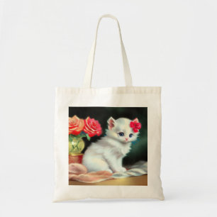 ヴィンテージ白い子猫イラストレーションと赤い花 トートバッグ