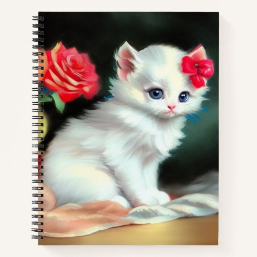 ヴィンテージ白い子猫イラストレーションと赤い花 ノートブック (正面)