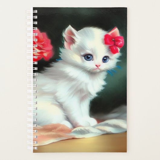 ヴィンテージ白い子猫イラストレーションと赤い花 プランナー手帳 (正面)