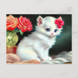 ヴィンテージ白い子猫イラストレーションと赤い花 ポストカード