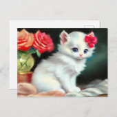 ヴィンテージ白い子猫イラストレーションと赤い花 ポストカード (正面/裏面)