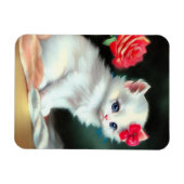 ヴィンテージ白い子猫イラストレーションと赤い花 マグネット (横)